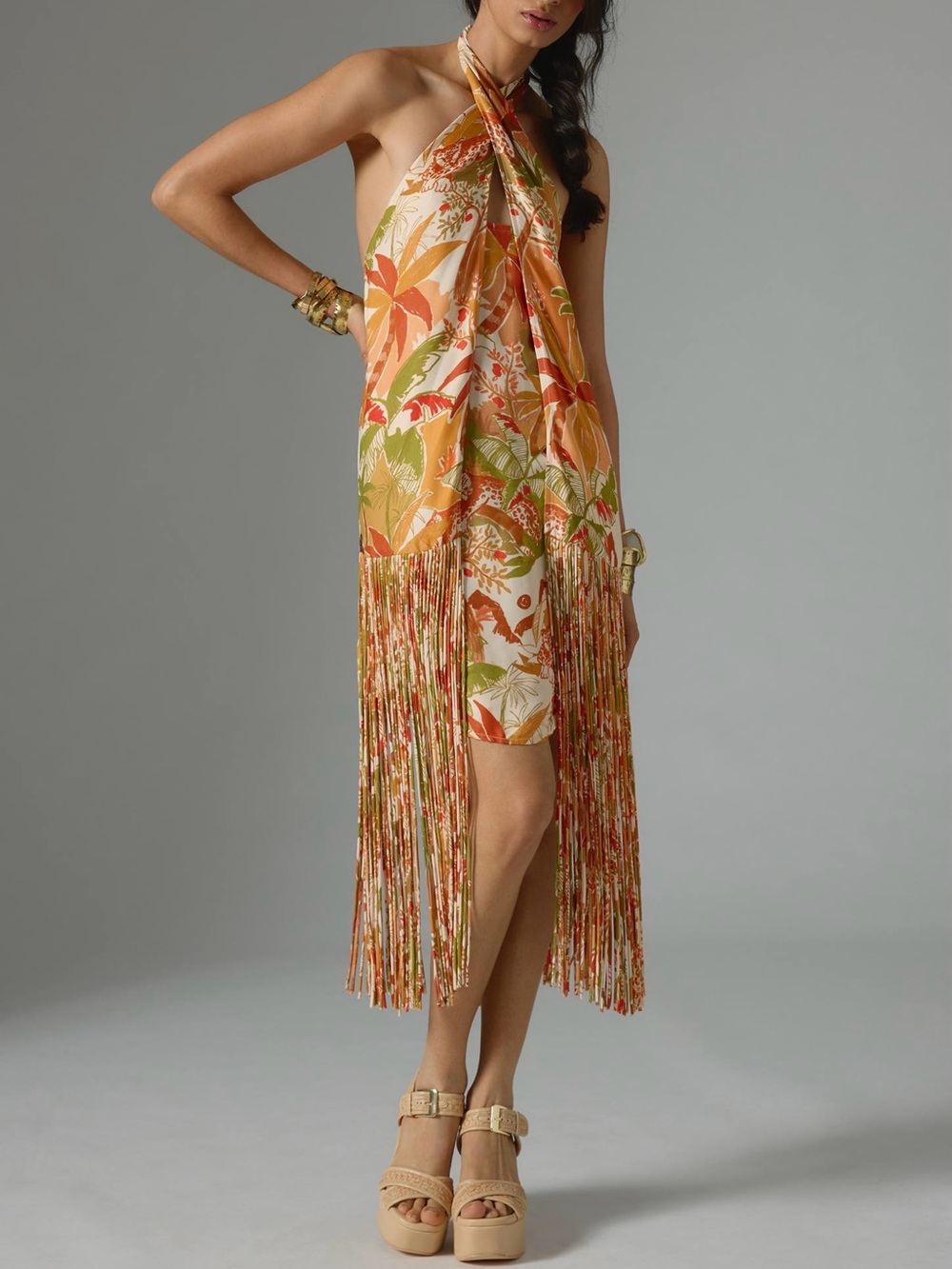 Farm Rio Tropical Fringe Halter Open Back Midi Dress Resort Vacation Size L - Picture 2 of 5